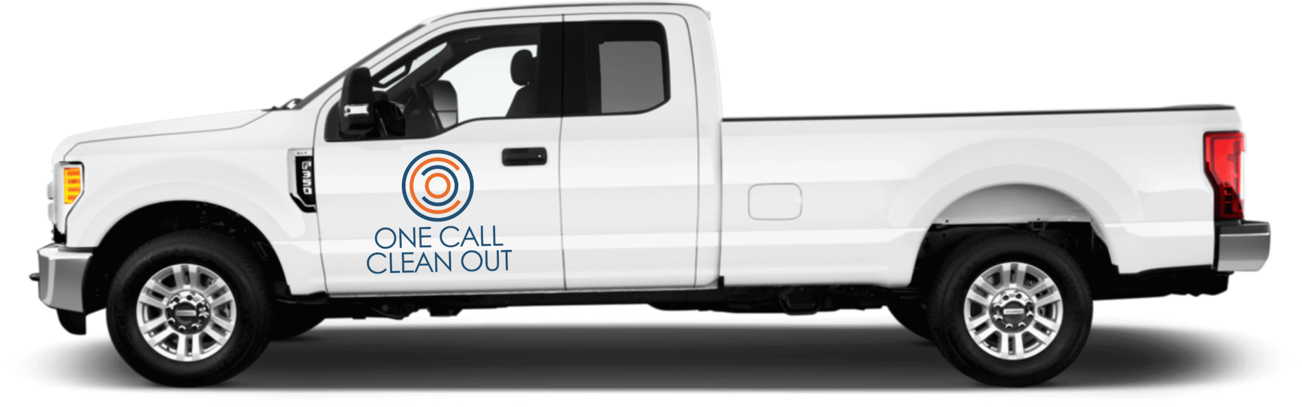 A white pickup truck. On the driverside door is the One Call Clean Out logo and text.